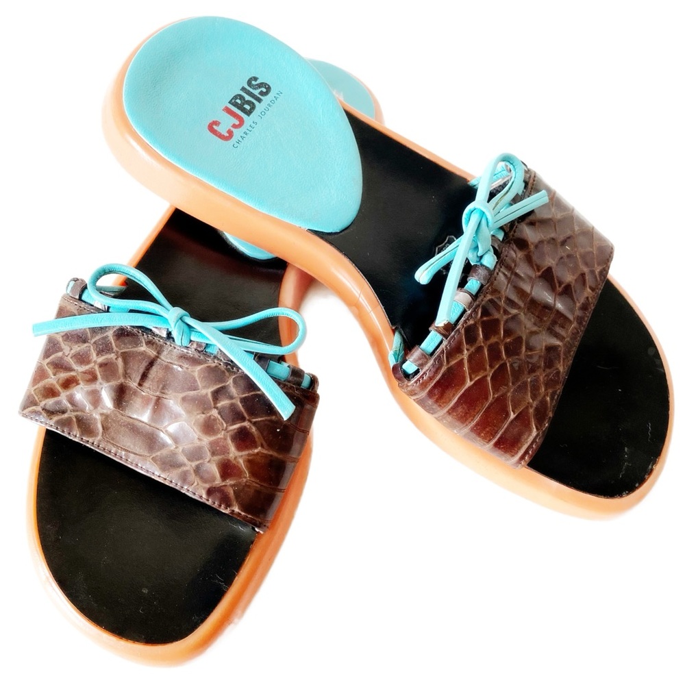 Leather Snake Sk Pattern Charles Jourdan Flat Slides Quiet Luxury Bow Turquoise